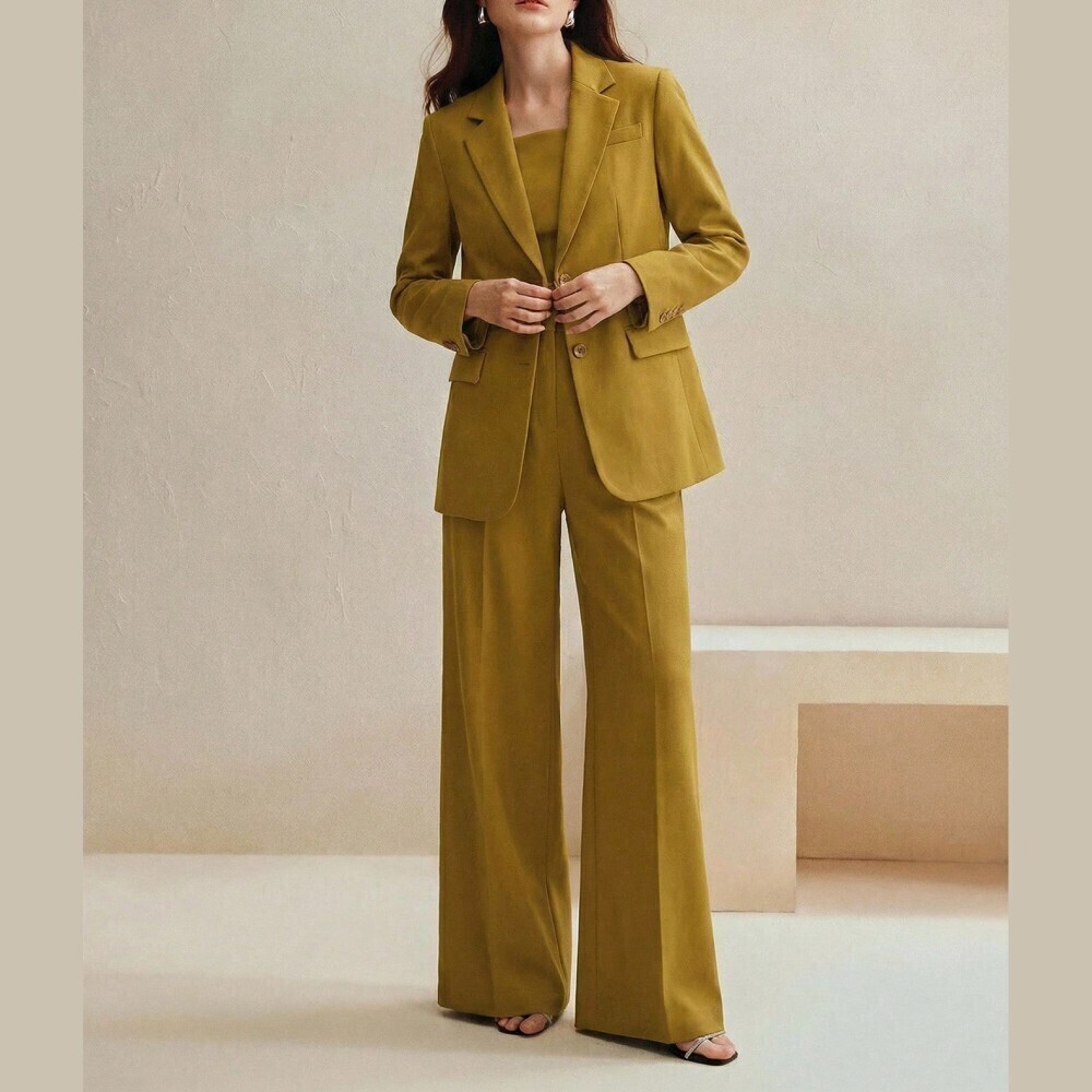 Chartreuse Green-Yellow Notch Lapel Blazer and Wide Leg Pants Suit Set